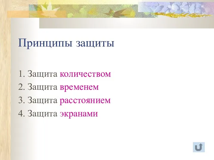 Принципы защиты 1. Защита количеством 2. Защита временем 3. Защита расстоянием 4. Защита экранами