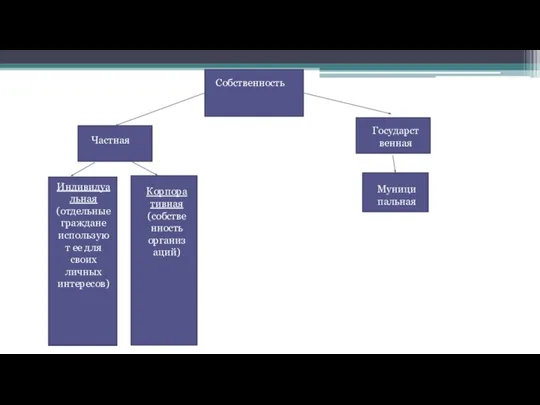 Собственность Частная Индивидуальная (отдельные граждане используют ее для своих личных интересов) Корпоративная (собственность организаций) Государственная Муниципальная