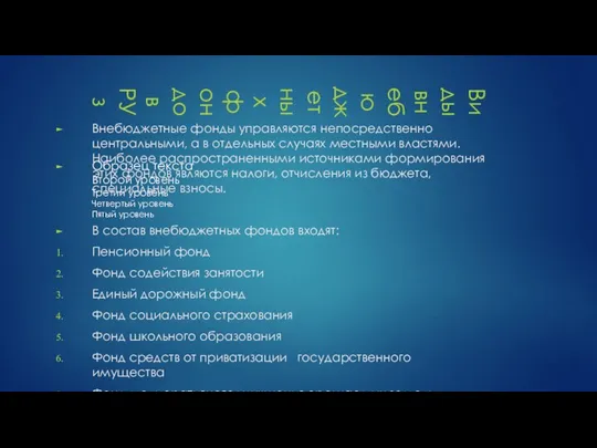 Виды внебюджетных фондов РУз Внебюджетные фонды управляются непосредственно центральными, а в