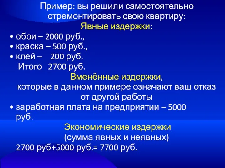 Пример: вы решили самостоятельно отремонтировать свою квартиру: Явные издержки: обои –