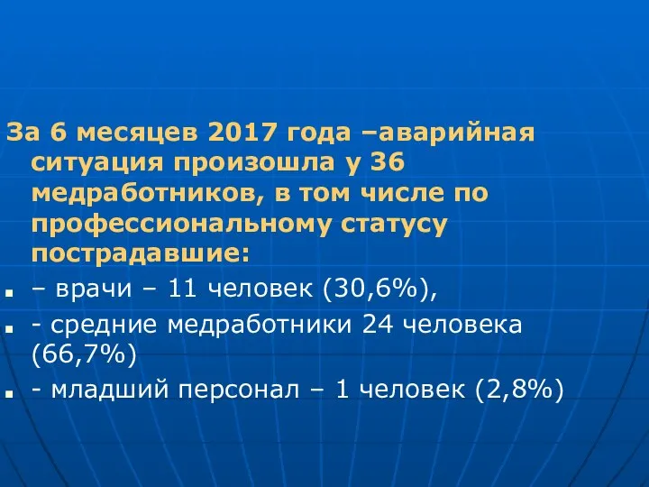 За 6 месяцев 2017 года –аварийная ситуация произошла у 36 медработников,