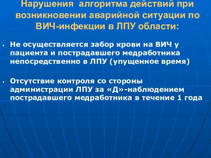 Нарушения алгоритма действий при возникновении аварийной ситуации по ВИЧ-инфекции в ЛПУ