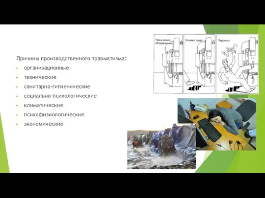 Причины производственного травматизма: организационные технические санитарно-гигиенические социально-психологические климатические психофизиологические экономические