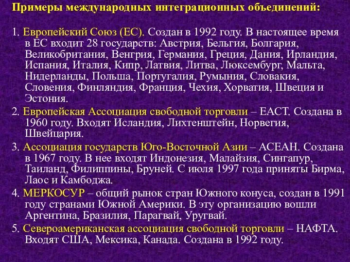 Примеры международных интеграционных объединений: 1. Европейский Союз (ЕС). Создан в 1992