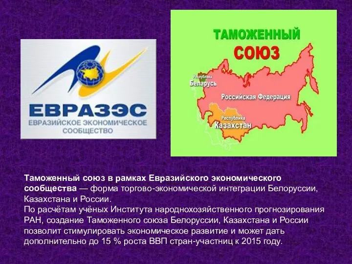 Таможенный союз в рамках Евразийского экономического сообщества — форма торгово-экономической интеграции