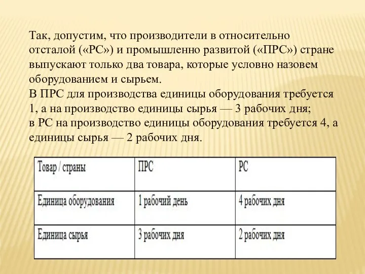 Так, допустим, что производители в относительно отсталой («PC») и промышленно развитой