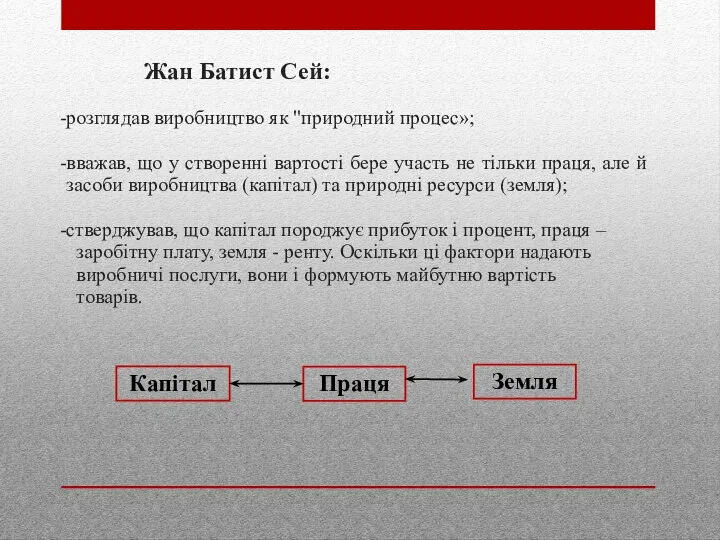 Жан Батист Сей: розглядав виробництво як "природний процес»; вважав, що у