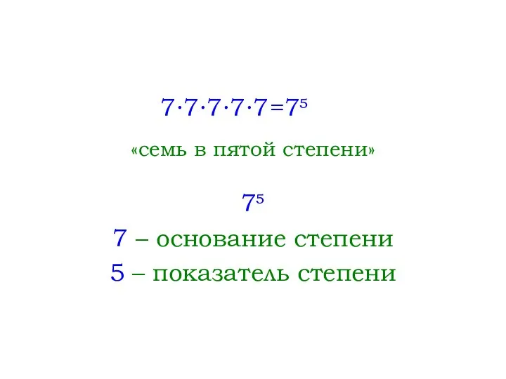 7∙7∙7∙7∙7 =7 «семь в пятой степени» 7 7 – основание степени 5 – показатель степени