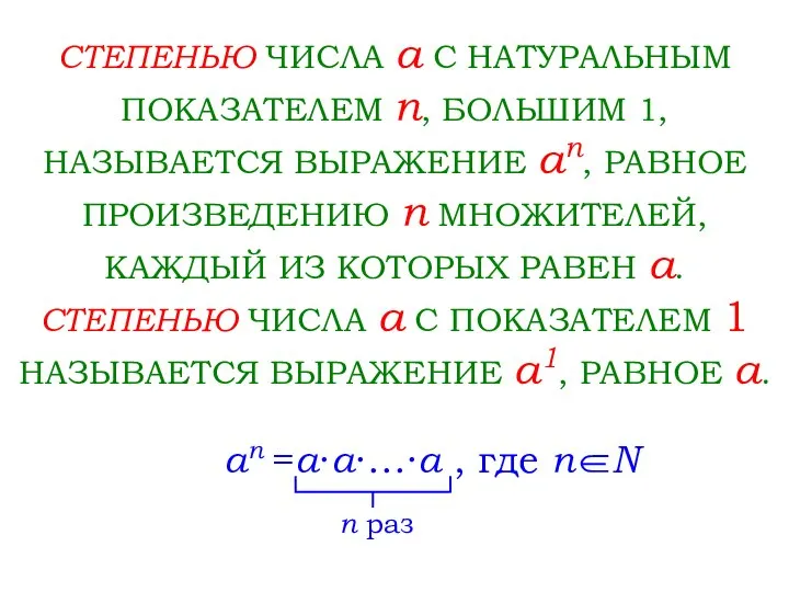 СТЕПЕНЬЮ ЧИСЛА a С НАТУРАЛЬНЫМ ПОКАЗАТЕЛЕМ n, БОЛЬШИМ 1, НАЗЫВАЕТСЯ ВЫРАЖЕНИЕ