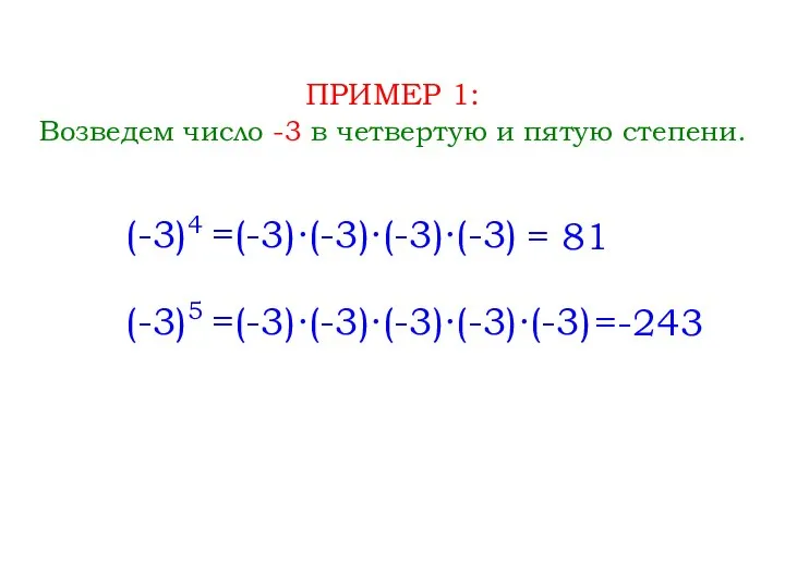 ПРИМЕР 1: Возведем число -3 в четвертую и пятую степени. (-3)4