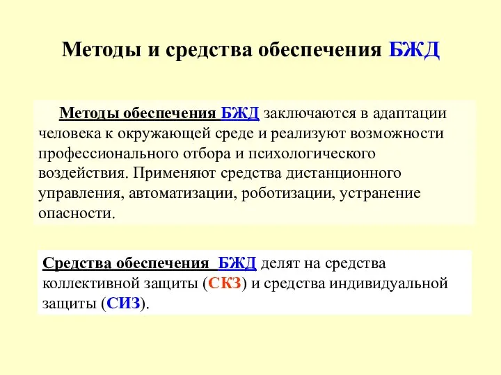 Методы и средства обеспечения БЖД Методы обеспечения БЖД заключаются в адаптации