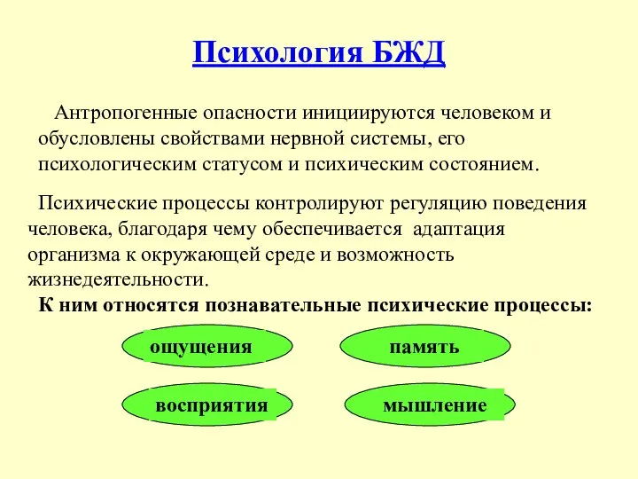 Психология БЖД Антропогенные опасности инициируются человеком и обусловлены свойствами нервной системы,