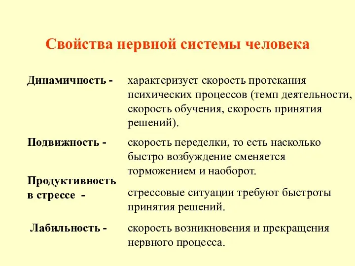 Свойства нервной системы человека Динамичность - характеризует скорость протекания психических процессов