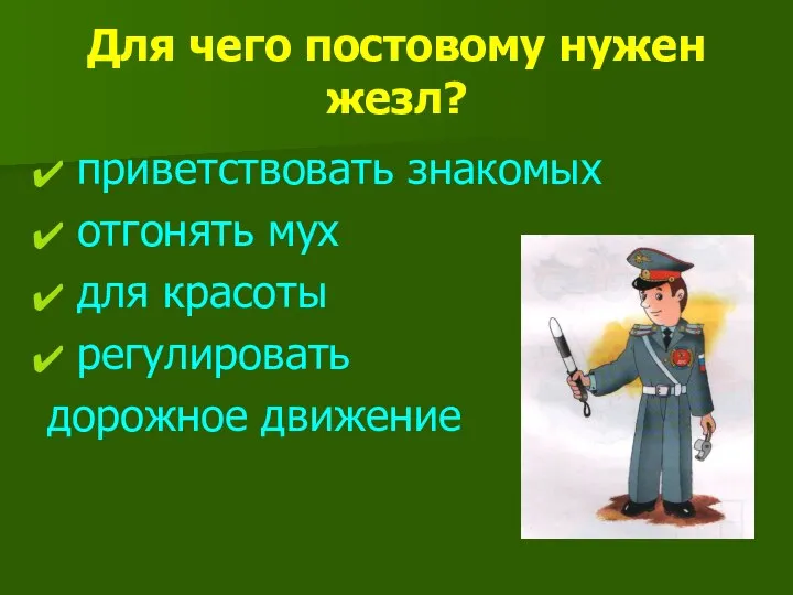 Для чего постовому нужен жезл? приветствовать знакомых отгонять мух для красоты регулировать дорожное движение