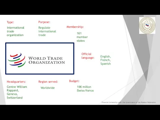 Type: International trade organization Purpose: Regulate international trade Headquarters: Centre William