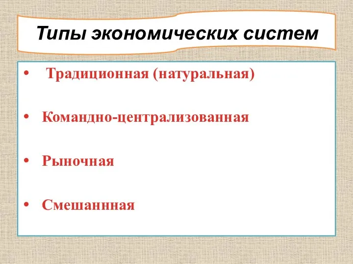 Типы экономических систем Традиционная (натуральная) Командно-централизованная Рыночная Смешаннная