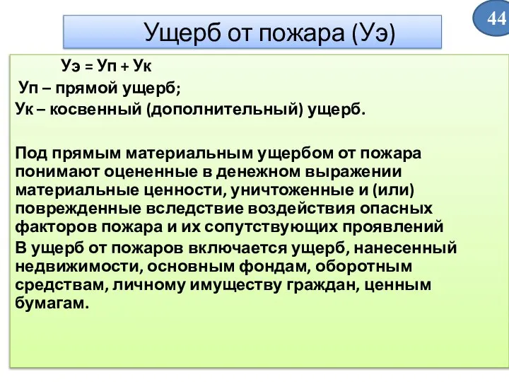 Ущерб от пожара (Уэ) Уэ = Уп + Ук Уп –