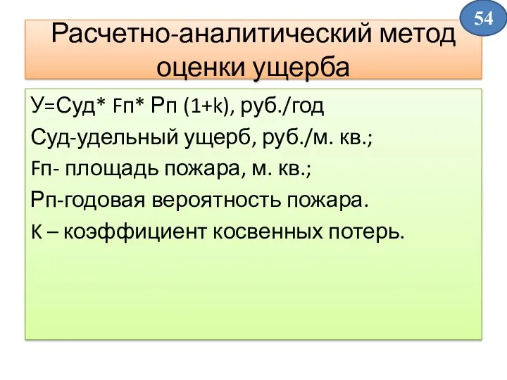 Расчетно-аналитический метод оценки ущерба У=Суд* Fп* Рп (1+k), руб./год Суд-удельный ущерб,