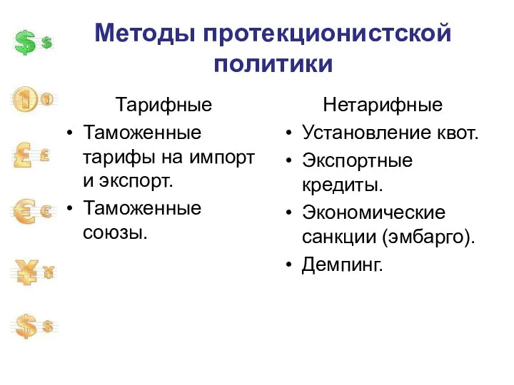 Методы протекционистской политики Тарифные Таможенные тарифы на импорт и экспорт. Таможенные