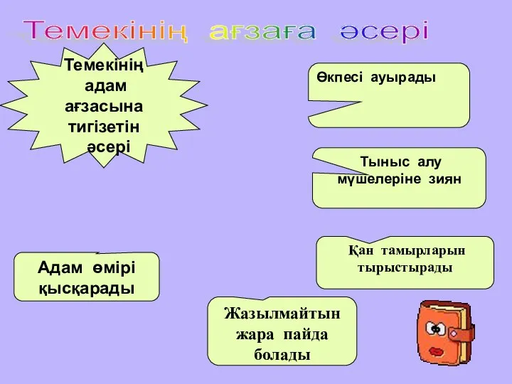 Темекінің ағзаға әсері Темекінің адам ағзасына тигізетін әсері Өкпесі ауырады Қан