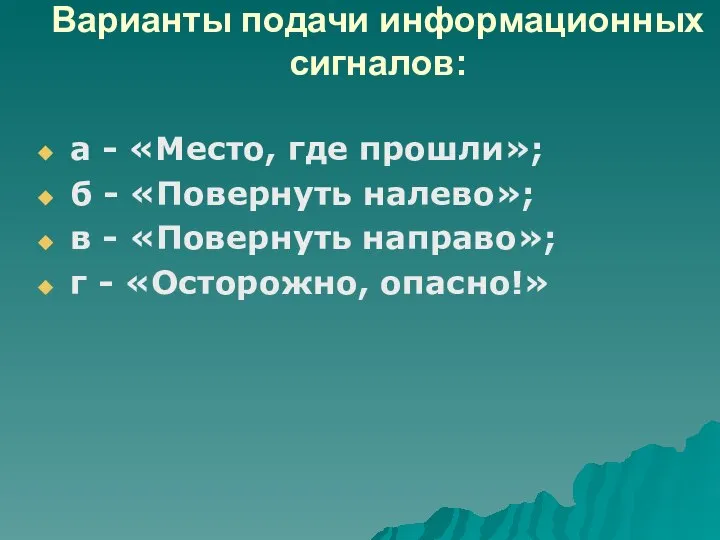 Варианты подачи информационных сигналов: а - «Место, где прошли»; б -