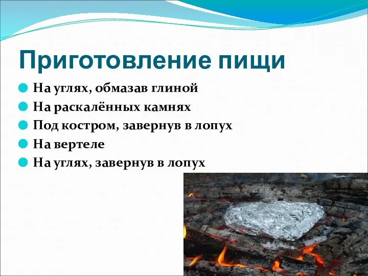 Приготовление пищи На углях, обмазав глиной На раскалённых камнях Под костром,