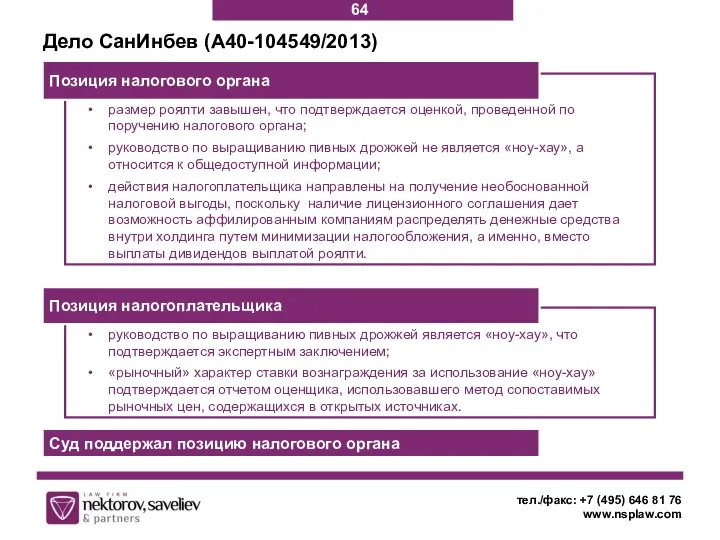 Дело СанИнбев (А40-104549/2013) тел./факс: +7 (495) 646 81 76 www.nsplaw.com руководство