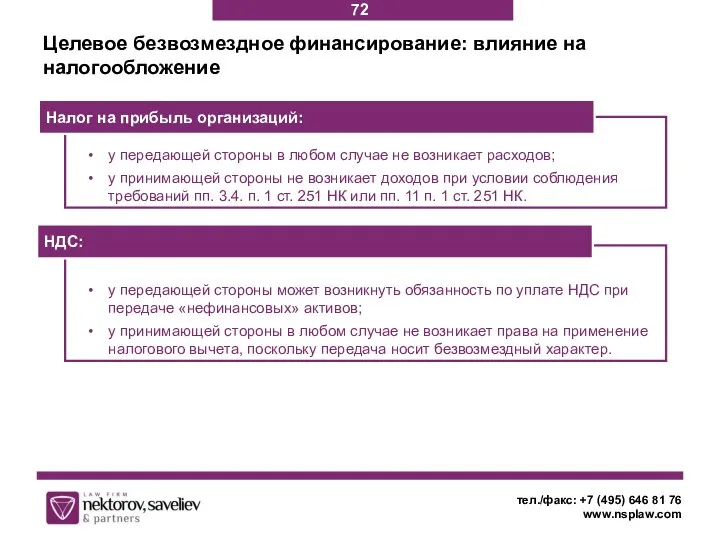 тел./факс: +7 (495) 646 81 76 www.nsplaw.com Целевое безвозмездное финансирование: влияние