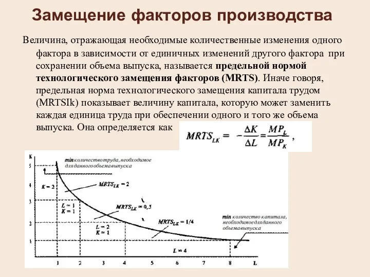 Замещение факторов производства Величина, отражающая необходимые количественные изменения одного фактора в