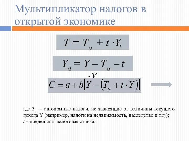 Мультипликатор налогов в открытой экономике T = Ta + t ·Y,