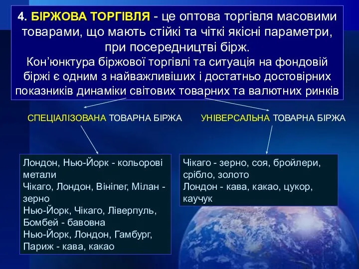 4. БІРЖОВА ТОРГІВЛЯ - це оптова торгівля масовими товарами, що мають