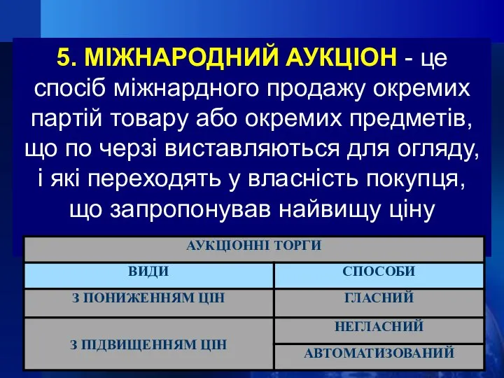 5. МІЖНАРОДНИЙ АУКЦІОН - це спосіб міжнардного продажу окремих партій товару