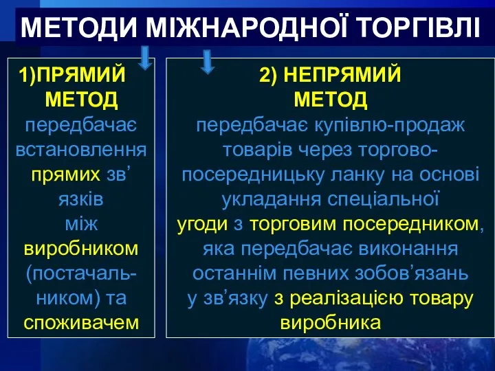 МЕТОДИ МІЖНАРОДНОЇ ТОРГІВЛІ ПРЯМИЙ МЕТОД передбачає встановлення прямих зв’язків між виробником