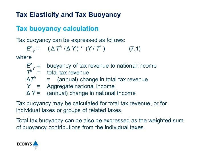 Tax buoyancy can be expressed as follows: EbY = ( Δ