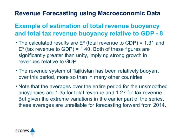 The calculated results are Eb (total revenue to GDP) = 1.31