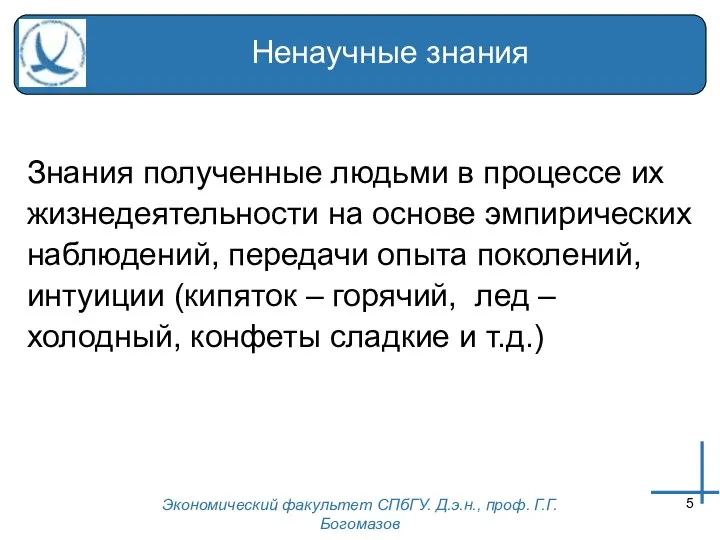 Экономический факультет СПбГУ. Д.э.н., проф. Г.Г.Богомазов Ненаучные знания Знания полученные людьми