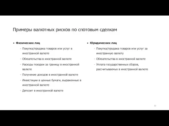 Примеры валютных рисков по спотовым сделкам Физических лиц Покупка/продажа товаров или