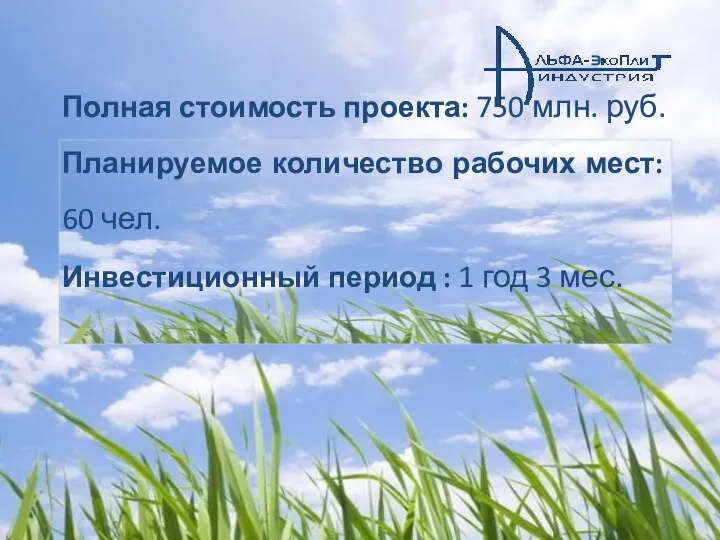 Полная стоимость проекта: 750 млн. руб. Планируемое количество рабочих мест: 60