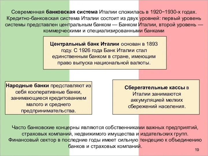 Современная банковская система Италии сложилась в 1920−1930-х годах. Кредитно-банковская система Италии