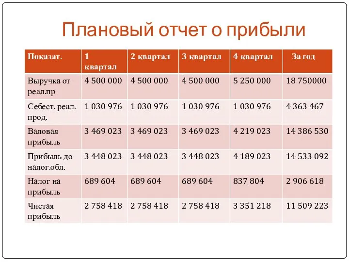 Плановый отчет о прибыли