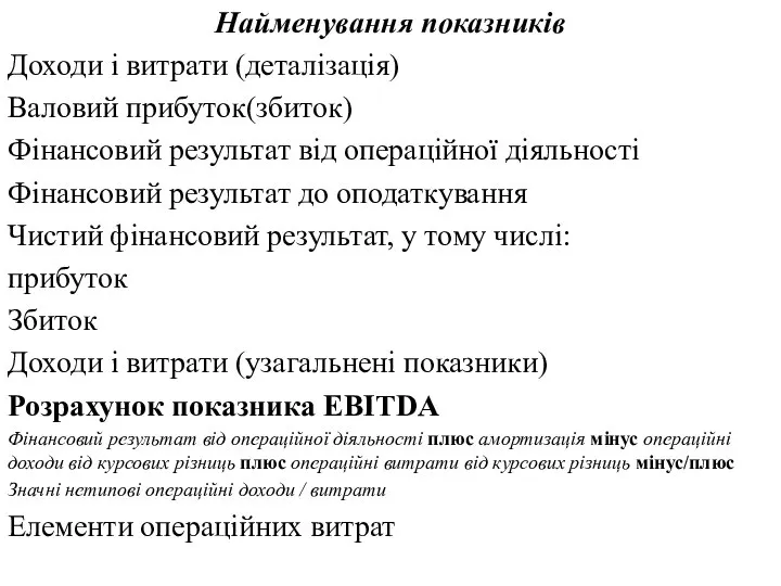 Найменування показників Доходи і витрати (деталізація) Валовий прибуток(збиток) Фінансовий результат від