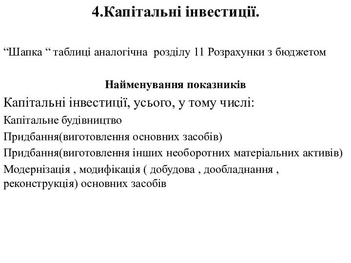 4.Капітальні інвестиції. “Шапка “ таблиці аналогічна розділу 11 Розрахунки з бюджетом