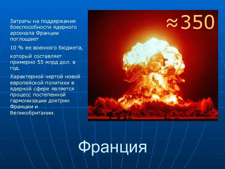 Франция Затраты на поддержание боеспособности ядерного арсенала Франции поглощают 10 %