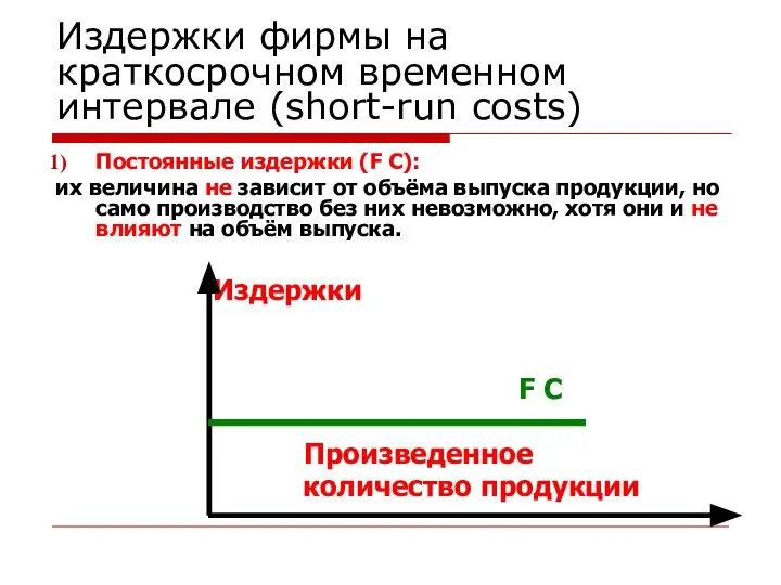 Издержки фирмы на краткосрочном временном интервале (short-run costs) Постоянные издержки (F