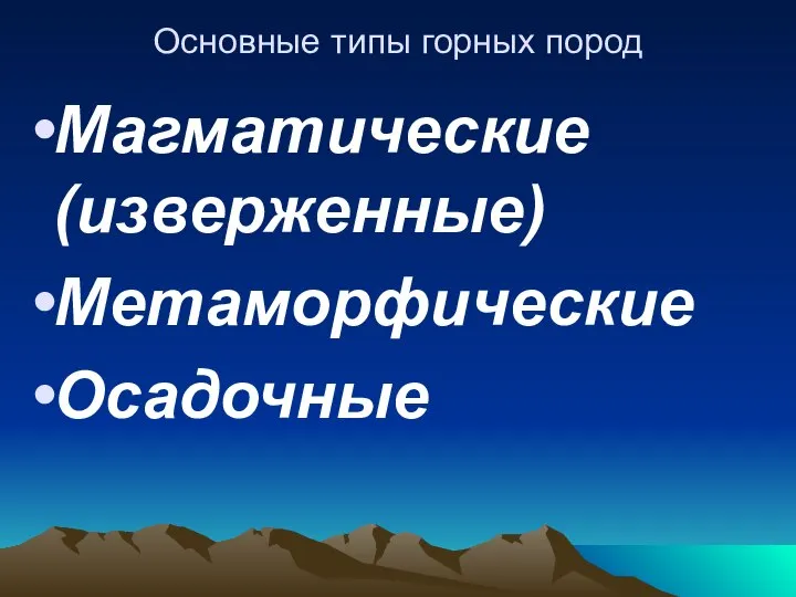 Основные типы горных пород Магматические (изверженные) Метаморфические Осадочные