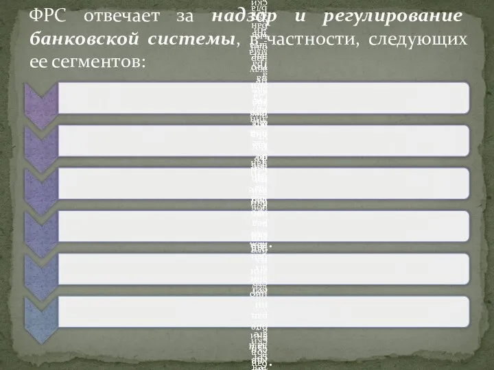 ФРС отвечает за надзор и регулирование банковской системы, в частности, следующих ее сегментов: