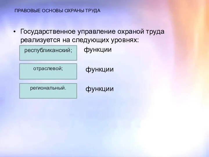 ПРАВОВЫЕ ОСНОВЫ ОХРАНЫ ТРУДА Государственное управление охраной труда реализуется на следующих