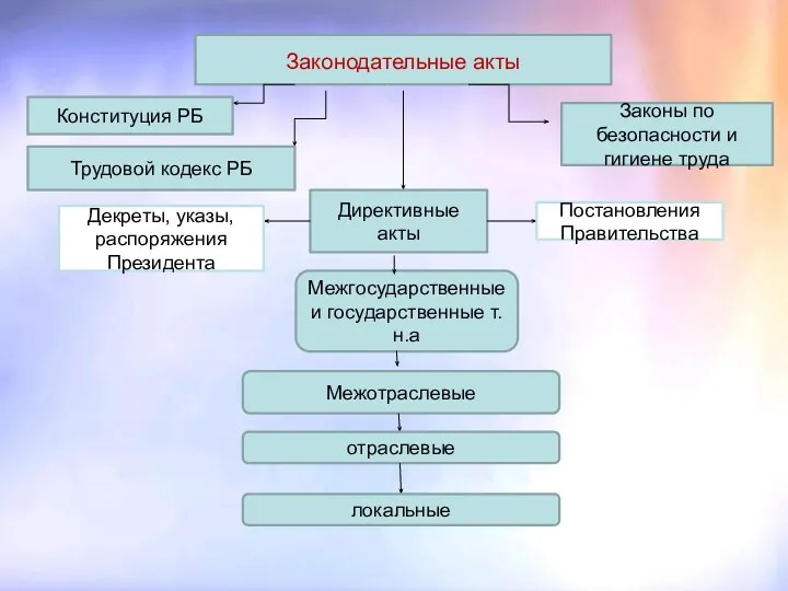 Законодательные акты Законы по безопасности и гигиене труда Конституция РБ Трудовой