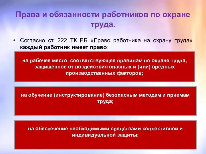 Права и обязанности работников по охране труда. Согласно ст. 222 ТК