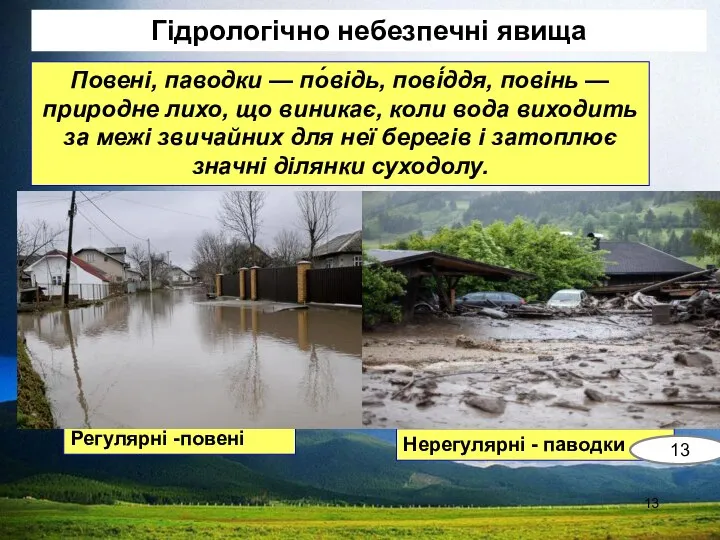 Гідрологічно небезпечні явища Повені, паводки — по́відь, пові́ддя, повінь — природне